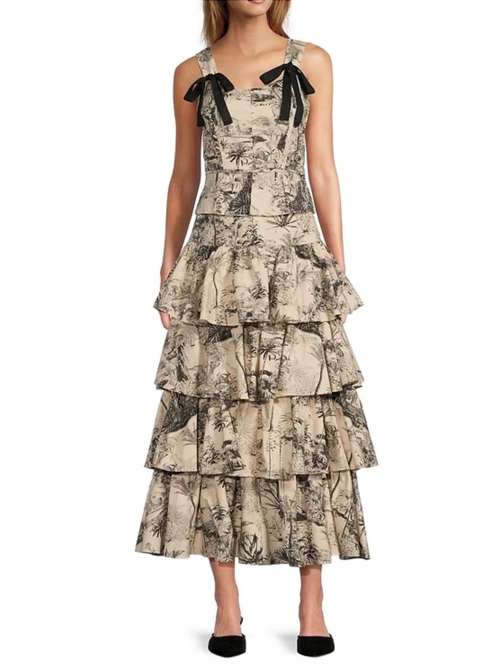 ANTONIO MELANI Beige Toile Tiered Maxi Dress with Black Shoulder Ties